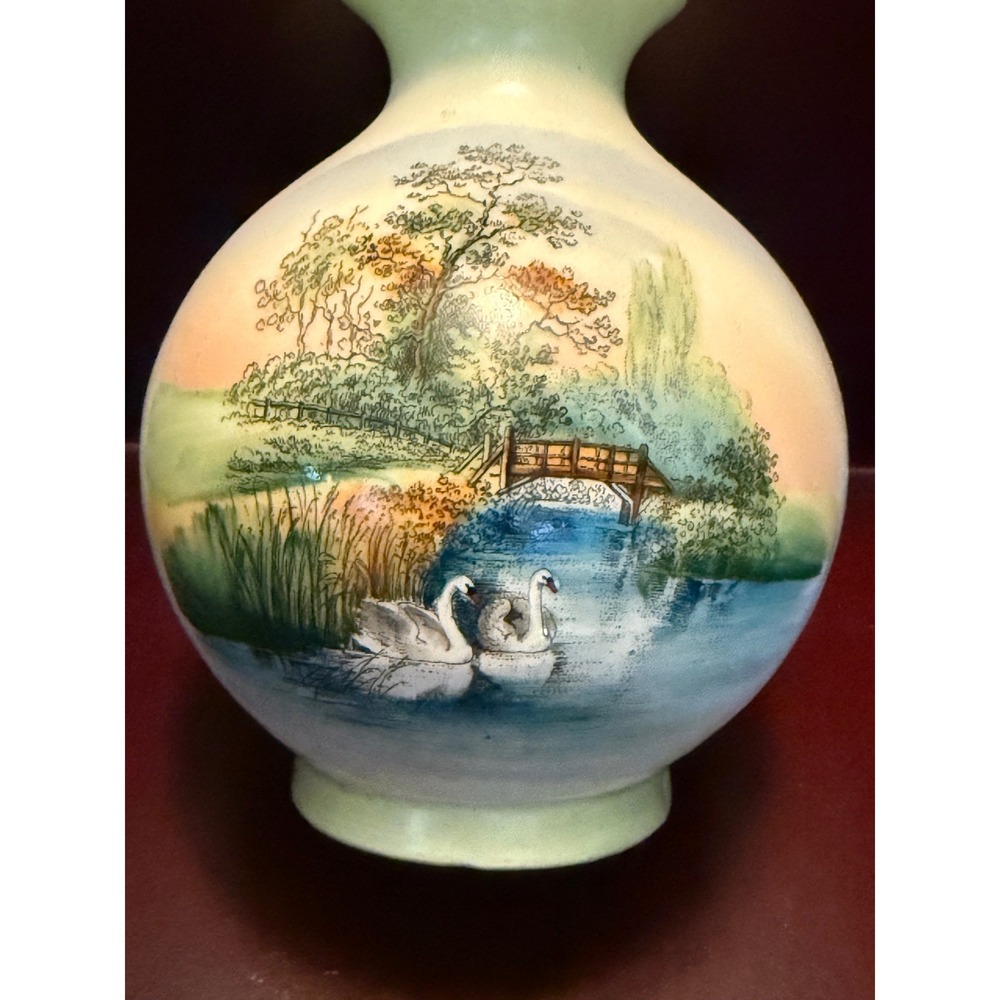Vintage Hand Painted Porcelain Swan Vase Landscape Scene Cottage Decor - Picture 2 of 9